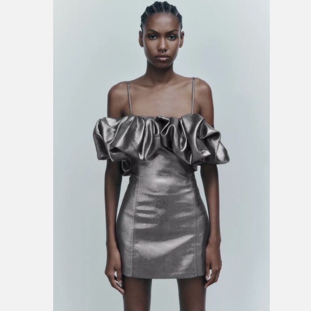 NWOT Zara Metallic Silver Voluminous Short Dress Size Ref 7707/308